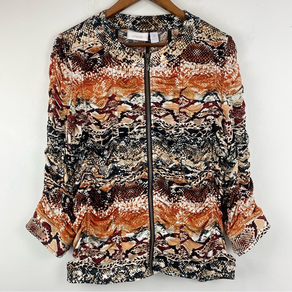 Chico’s Sz 2 Large Women’s Snake Animal Print Ruched 3/4 Sleeve Full Zip Jacket